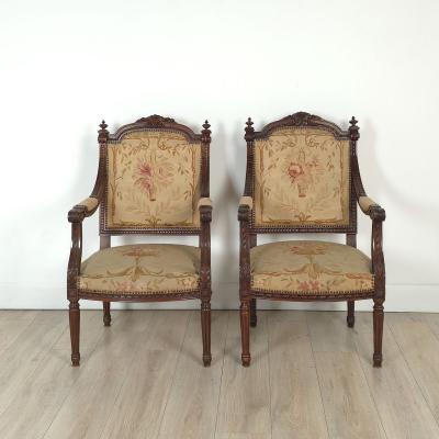 Pair of Louis XVI Style Walnut Beech Part Gilt Armchairs