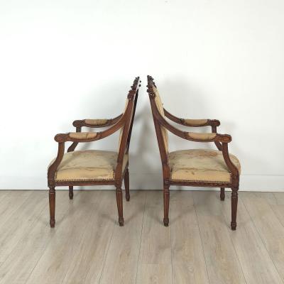 Pair of Louis XVI Style Walnut Beech Part Gilt Armchairs
