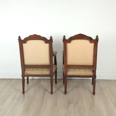Pair of Louis XVI Style Walnut Beech Part Gilt Armchairs