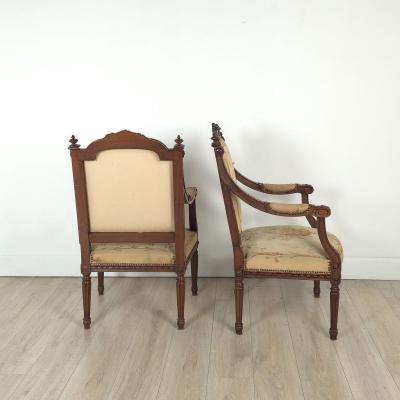 Pair of Louis XVI Style Walnut Beech Part Gilt Armchairs