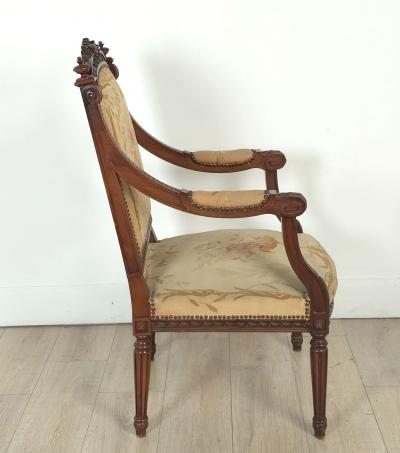 Pair of Louis XVI Style Walnut Beech Part Gilt Armchairs