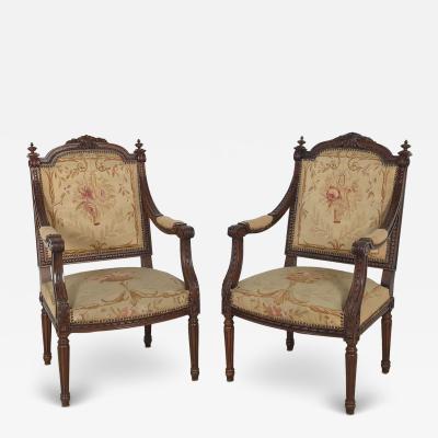Pair of Louis XVI Style Walnut Beech Part Gilt Armchairs