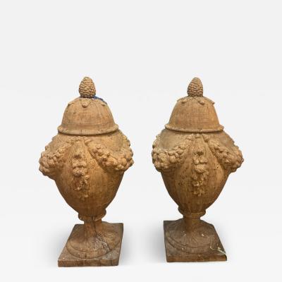 Pair of Louis XVI style Italian Terracotta Lidded Urns