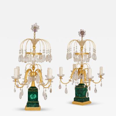 Pair of Louis XVI style ormolu malachite and rock crystal girandoles
