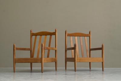 Pair of Lounge Chairs in Solid Oak To Be Reupholstered France 1960s