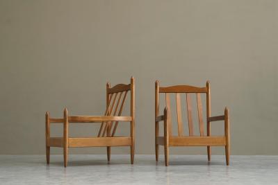 Pair of Lounge Chairs in Solid Oak To Be Reupholstered France 1960s