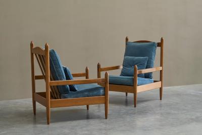 Pair of Lounge Chairs in Solid Oak To Be Reupholstered France 1960s