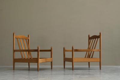 Pair of Lounge Chairs in Solid Oak To Be Reupholstered France 1960s