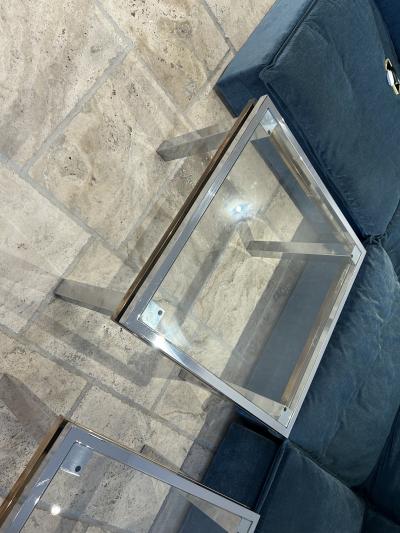 Pair of MCM Polished Steel Brass Side Accent Coffee Tables