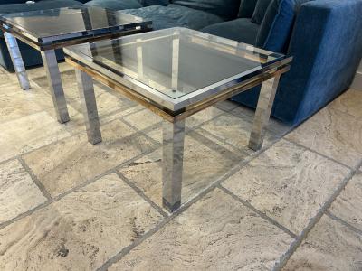 Pair of MCM Polished Steel Brass Side Accent Coffee Tables