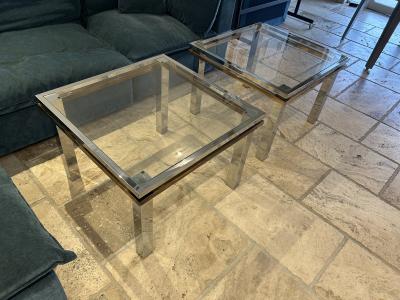 Pair of MCM Polished Steel Brass Side Accent Coffee Tables