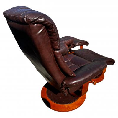 Pair of MCM Swedish Brown Leather Swivel Lounge Chairs w Ottomans