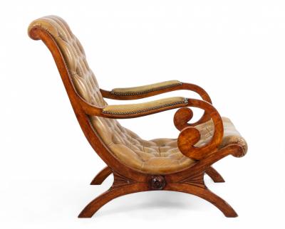 Pair of Mahogany Campaign Style Lounge Chairs Ottoman