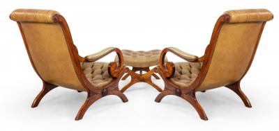 Pair of Mahogany Campaign Style Lounge Chairs Ottoman