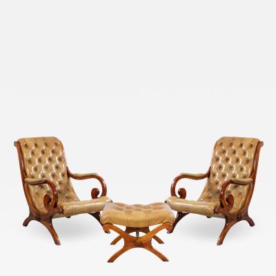 Pair of Mahogany Campaign Style Lounge Chairs Ottoman