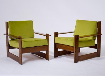 Pair of Mahogany Stained and Leather Armchairs Italy 1960s