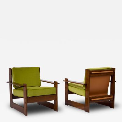 Pair of Mahogany Stained and Leather Armchairs Italy 1960s