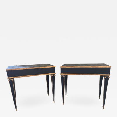 Pair of Maison Jansen Style End Table in Leather Top and Bronze Mounted Legs