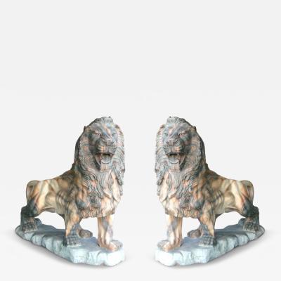 Pair of Marble Hand Carved Lion Statues Genuine Chinese Pink and Grey Marble