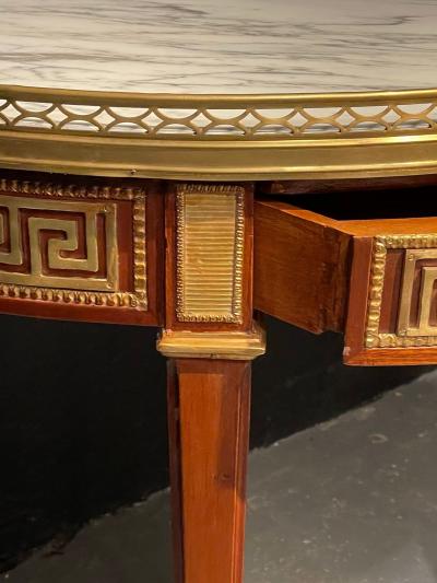 Pair of Marble Top Greek Key Bouillotte or End Tables Manner of Jansen