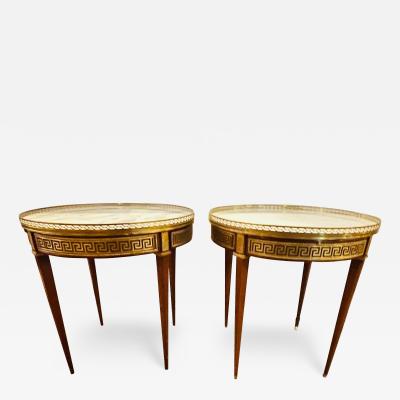 Pair of Marble Top Greek Key Bouillotte or End Tables Manner of Jansen