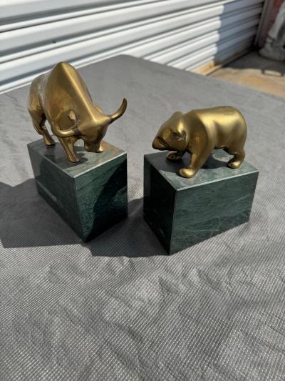 Pair of Marble and Brass Bull and Bear Market Bookends