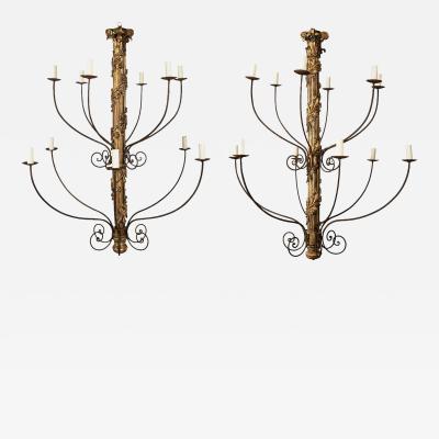 Pair of Massive Hand Carved Giltwood Italian Twelve Arm Chandeliers