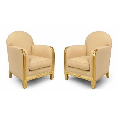 Pair of Maurice Dufrene French Art Deco Gilt Club Chairs