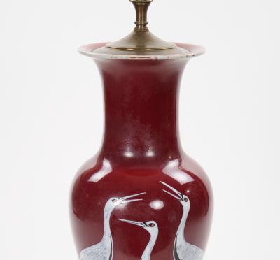 Pair of Mid 20th Century Burgundy Red Ceramic Chinoiserie Heron Table Lamps