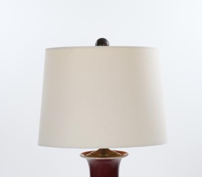 Pair of Mid 20th Century Burgundy Red Ceramic Chinoiserie Heron Table Lamps