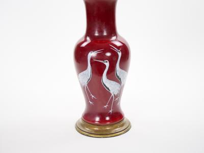 Pair of Mid 20th Century Burgundy Red Ceramic Chinoiserie Heron Table Lamps