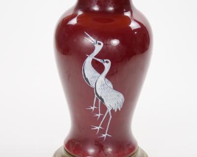 Pair of Mid 20th Century Burgundy Red Ceramic Chinoiserie Heron Table Lamps