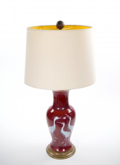Pair of Mid 20th Century Burgundy Red Ceramic Chinoiserie Heron Table Lamps