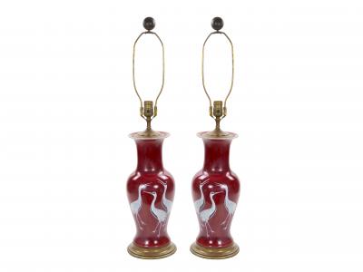 Pair of Mid 20th Century Burgundy Red Ceramic Chinoiserie Heron Table Lamps