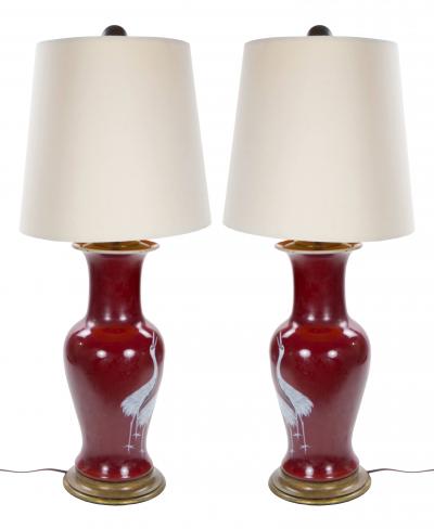 Pair of Mid 20th Century Burgundy Red Ceramic Chinoiserie Heron Table Lamps
