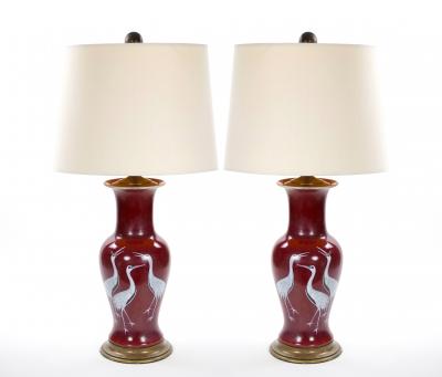 Pair of Mid 20th Century Burgundy Red Ceramic Chinoiserie Heron Table Lamps