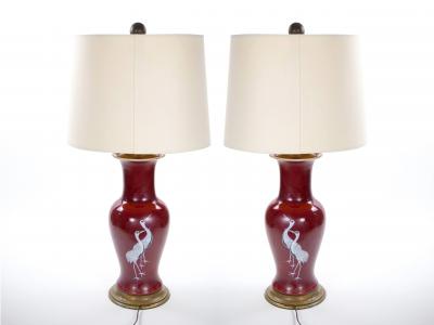 Pair of Mid 20th Century Burgundy Red Ceramic Chinoiserie Heron Table Lamps