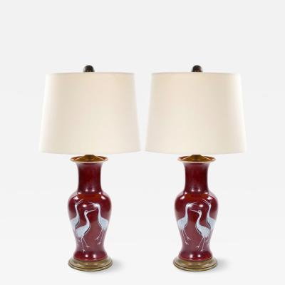 Pair of Mid 20th Century Burgundy Red Ceramic Chinoiserie Heron Table Lamps