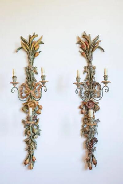 Pair of Mid 20th Century Italian Carved Wood Sconces with Wheat and Floral Motif