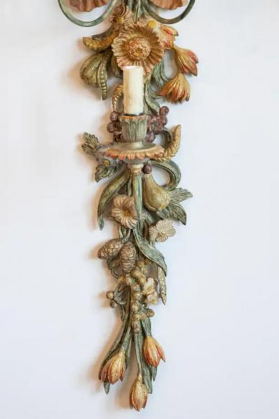 Pair of Mid 20th Century Italian Carved Wood Sconces with Wheat and Floral Motif