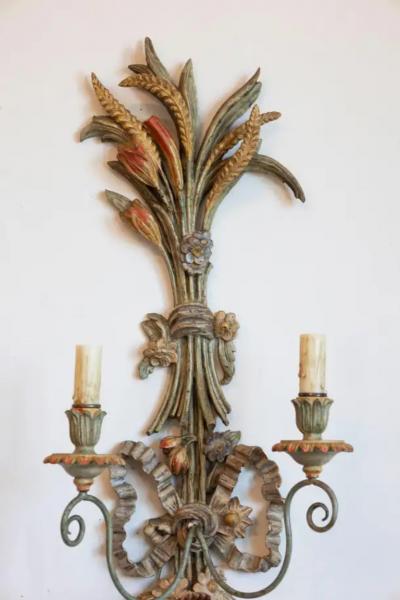 Pair of Mid 20th Century Italian Carved Wood Sconces with Wheat and Floral Motif