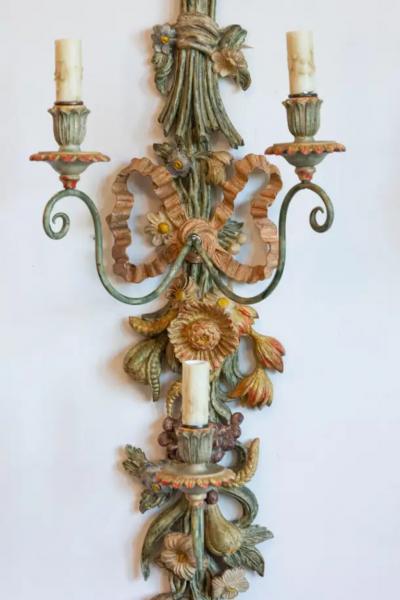 Pair of Mid 20th Century Italian Carved Wood Sconces with Wheat and Floral Motif