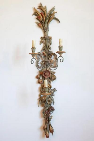 Pair of Mid 20th Century Italian Carved Wood Sconces with Wheat and Floral Motif