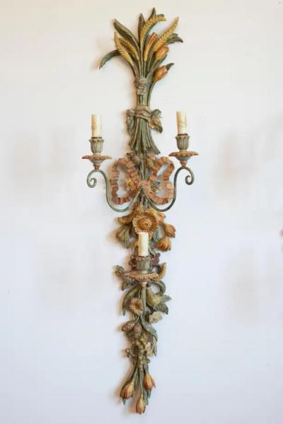 Pair of Mid 20th Century Italian Carved Wood Sconces with Wheat and Floral Motif