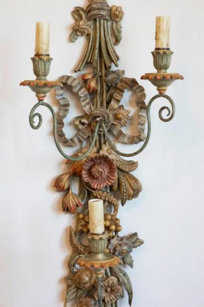 Pair of Mid 20th Century Italian Carved Wood Sconces with Wheat and Floral Motif