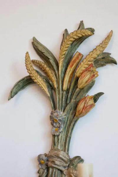 Pair of Mid 20th Century Italian Carved Wood Sconces with Wheat and Floral Motif