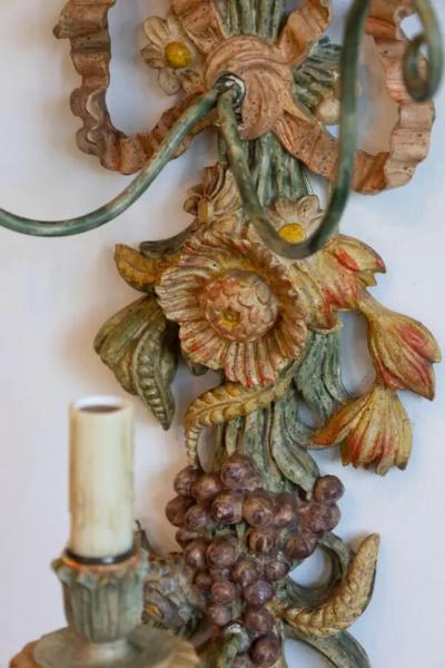 Pair of Mid 20th Century Italian Carved Wood Sconces with Wheat and Floral Motif