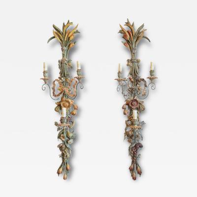 Pair of Mid 20th Century Italian Carved Wood Sconces with Wheat and Floral Motif