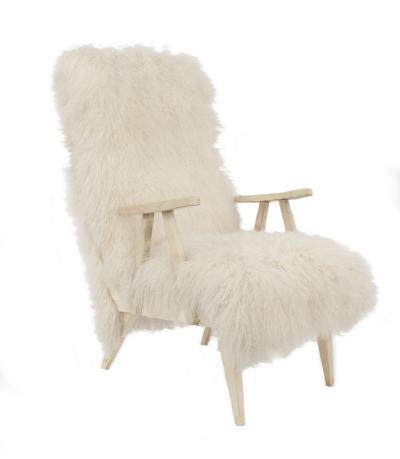 Pair of Mid Century 1950s White Shag Lambs Wool Upholstered High Back Armchairs