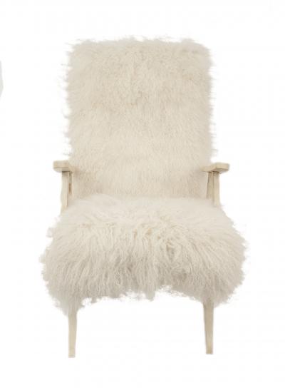 Pair of Mid Century 1950s White Shag Lambs Wool Upholstered High Back Armchairs
